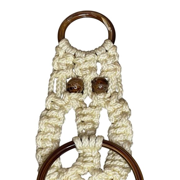 Vintage Macrame Towel Holder Owl Brown and Tan Mid Century - Picture 2 of 8